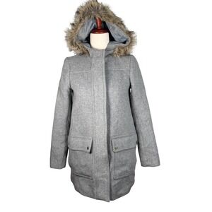 J Crew Vail Parka Gray Wool Blend Hooded Faux Fur Trim Pockets 00 Pea Coat Wool